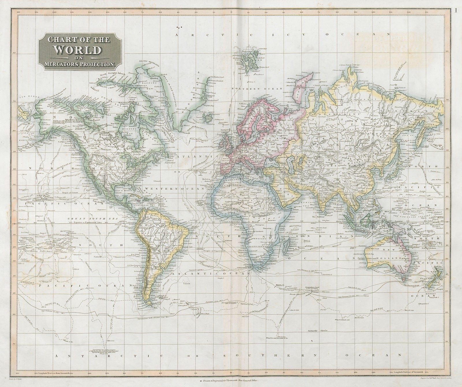 Chart of the World on Mercator's Projection. Explorers' routes. THOMSON 1830 map